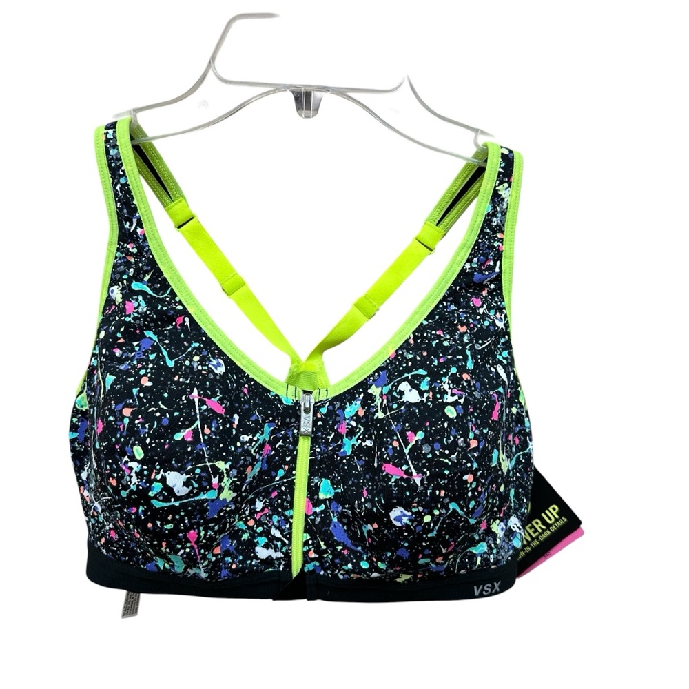 Victoria's Secret Black Splash-Print Front-Zip Sports Bra with Neon Trim
